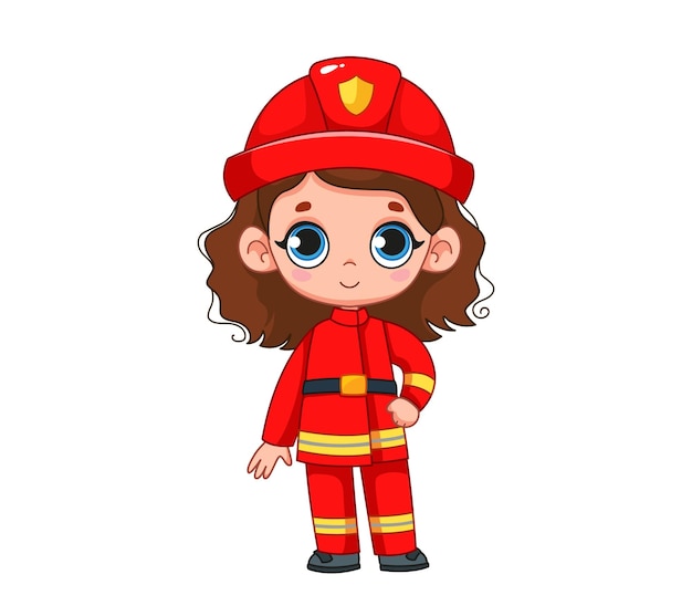 Cartoon bambina vestita da vigile del fuoco Professione bagnino e vigile del fuoco Illustrazione vettoriale