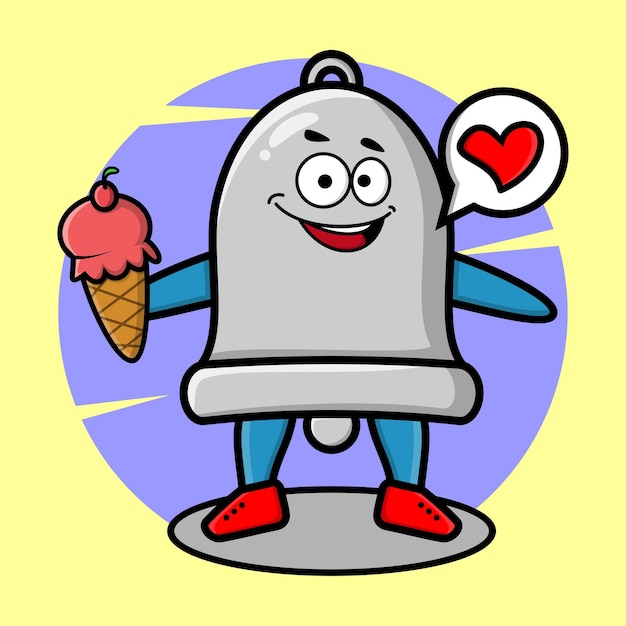 Cartoon campana mascotte con cono gelato in stile carino per t-shirt, adesivo, elemento logo