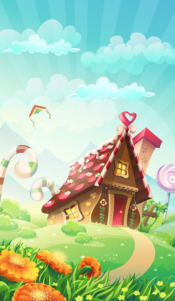 Cartoon candy house sul prato
