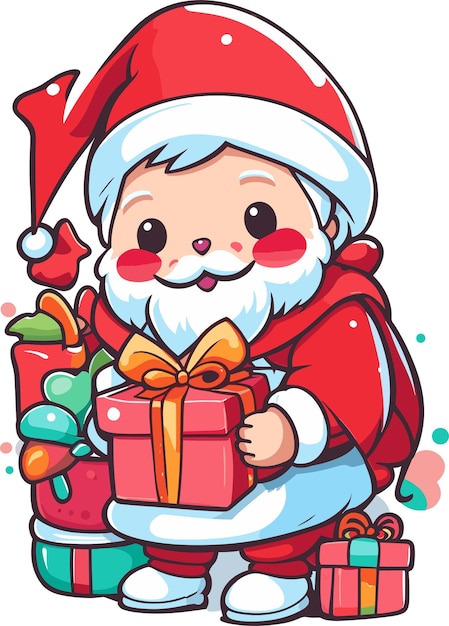 Cartoon carino Babbo Natale che arriva il giorno di Natale con regali illustrazione vettoriale