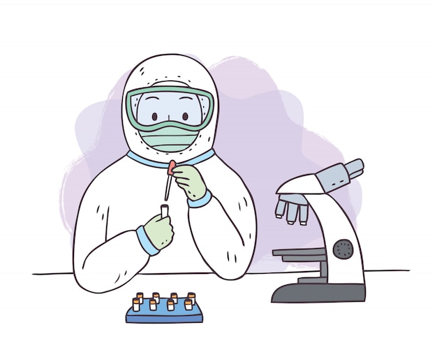 Cartoon carino proteggere virus, personale che lavora in laboratorio.