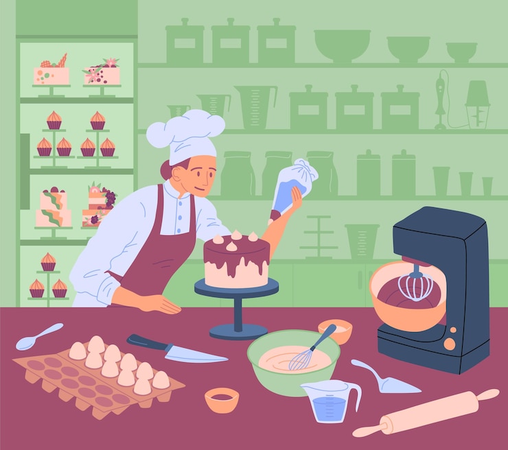 Vettore cartoon color personaggio donna pasticceria concetto vettore