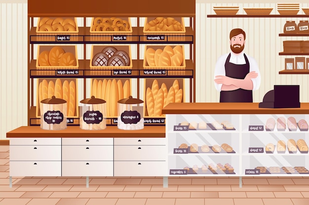 Cartoon Color Personaggio Persone Uomo e panetteria Interior Concept Vettore