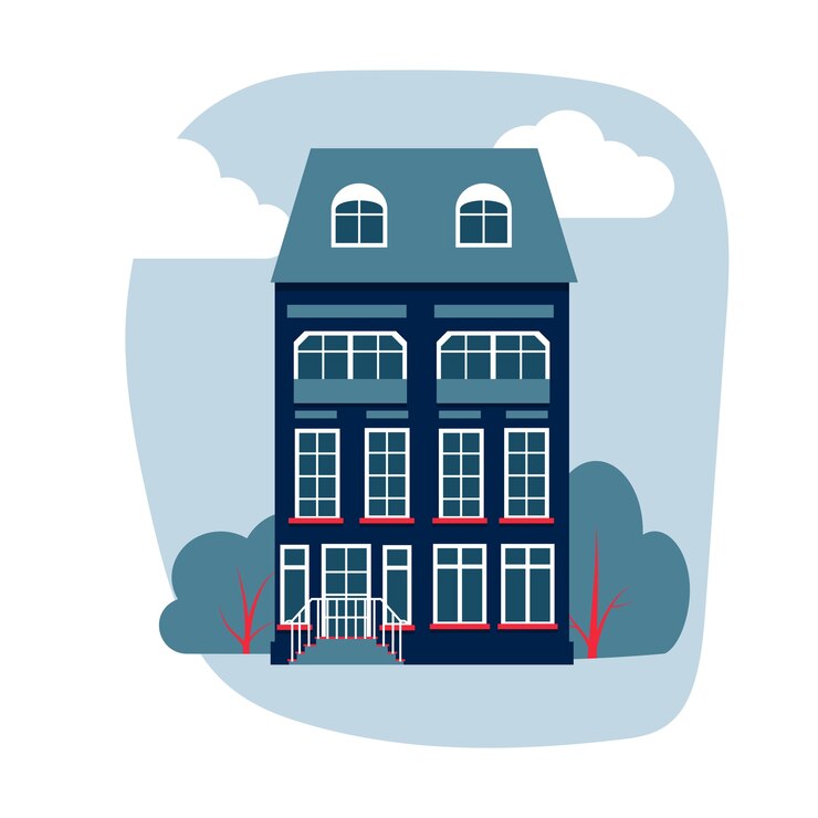 Vettore cartoon colorato architettura amsterdam, facciata di edificio classico in stile piatto. casa alta con alberi, cespugli, nuvole. banner di composizione paesaggio urbano closeup isolato su bianco