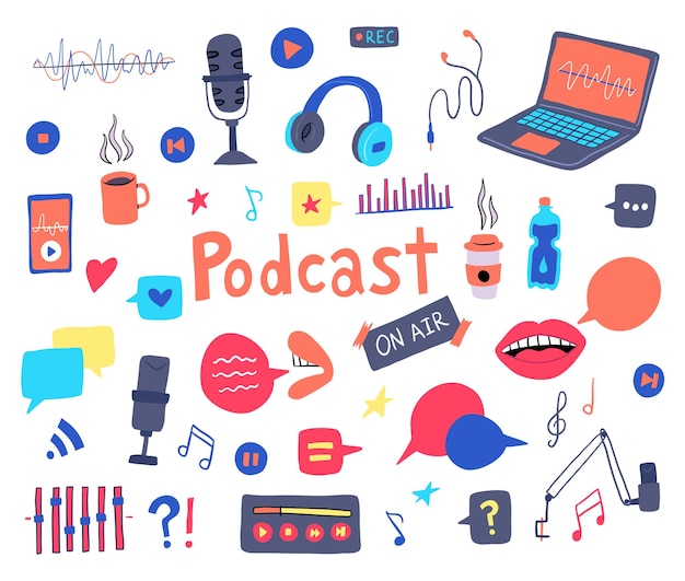 Cartoon Colore diverso Podcast Registrazione Set di icone Vettore