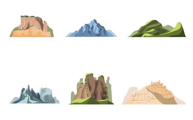 Cartoon colore natura paesaggi montagne set vettore