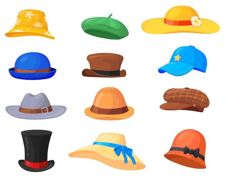 Vettore cartoon copricapi cappelli moda vestiti uomo e donna copricapo estate femminile cappello di paglia vintage colorato isolato retrò berretto usura signora testa ordinata illustrazione vettoriale