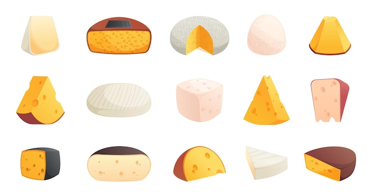 Vettore cartoon diversi formaggi fette e blocchi di formaggio stile piatto prodotti lattiero-caseari francese