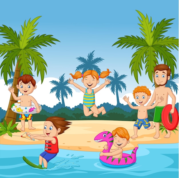 Cartoon famiglia felice in spiaggia