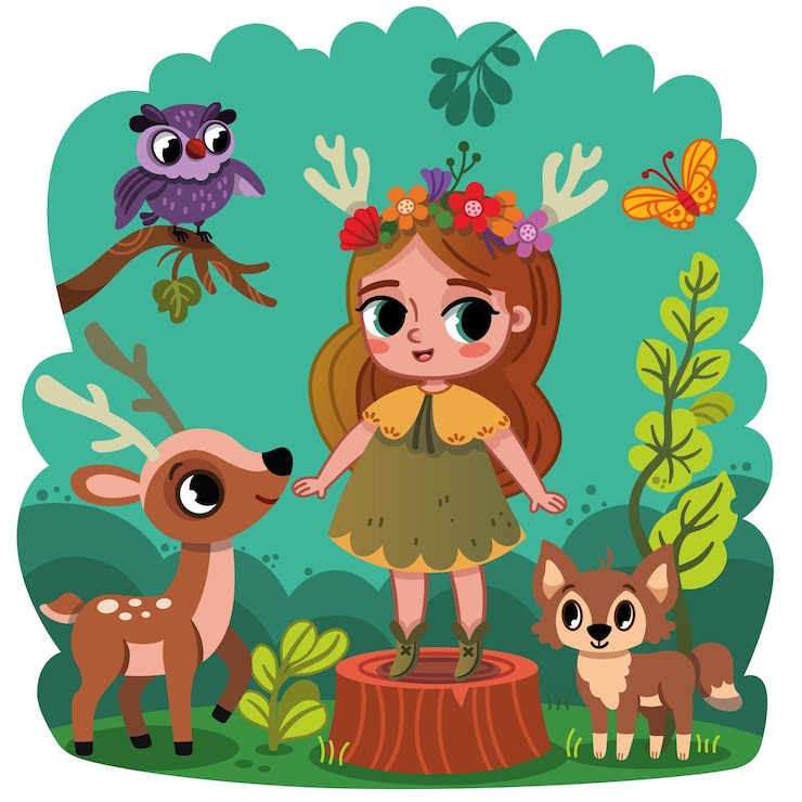 Cartoon foresta ragazza tra gli animali della foresta Illustrazione vettoriale
