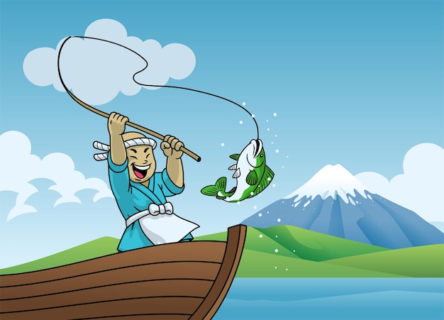 Cartoon Giappone Pescatore pesca sul lago