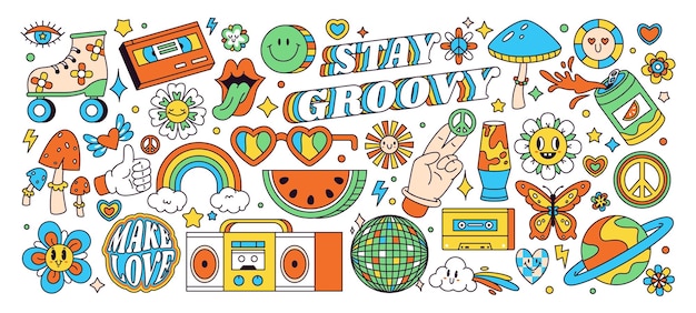Cartoon groovy anni '70 hippie margherita arcobaleno cuore funghi adesivi simboli vettoriali piatti set di illustrazioni