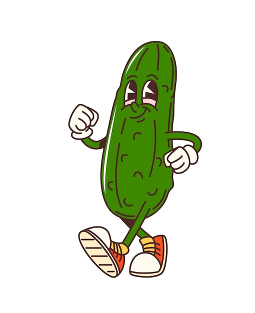 Cartoon groovy cetriolo vegetale personaggio cammina
