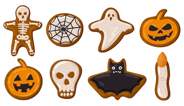Cartoon Halloween spettrale biscotti di pan di zenzero zucca cranio e fantasma illustrazione vettoriale
