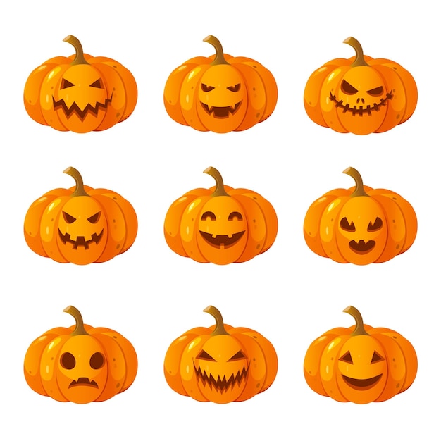Cartoon Halloween zucche scolpite con diverse facce espressioni isolate su sfondo bianco