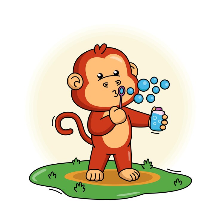 Cartoon illustrazione di scimmia carina che soffia bolle di sapone