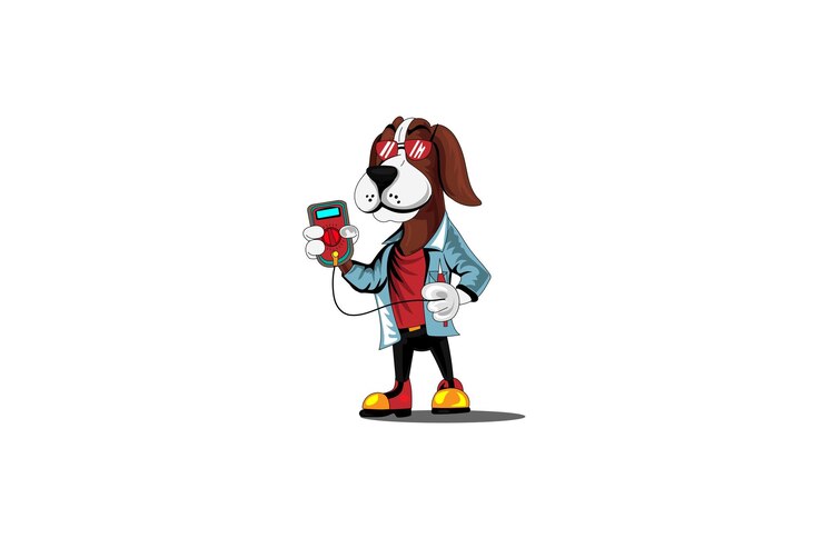 Cartoon illustrazione di un cane che indossa occhiali da sole e in possesso di un telefono rosso
