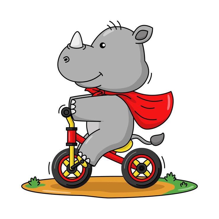 Cartoon illustrazione di un simpatico rinoceronte in sella a una bicicletta