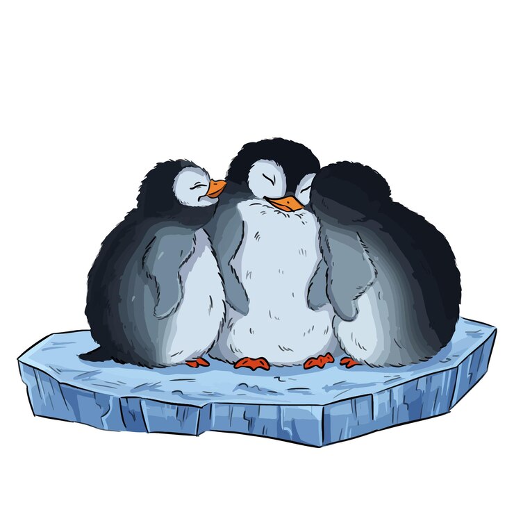 Vettore cartoon illustrazione di un simpatico tre baby pinguini su un lastrone di ghiaccio. illustrazione di vettore stock in stile fumetto