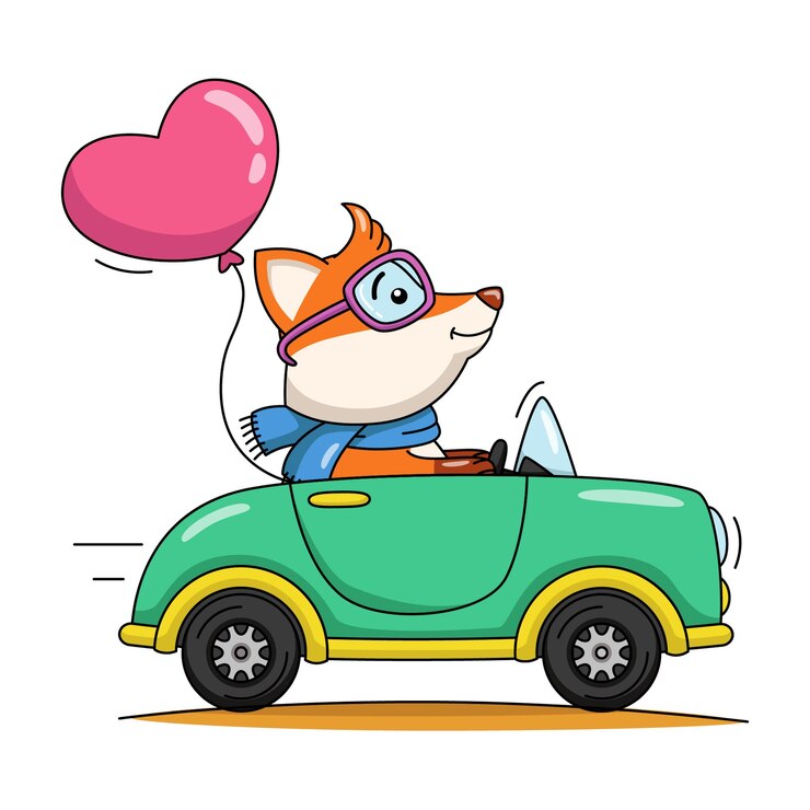 Cartoon illustrazione di una volpe carina alla guida di un'auto