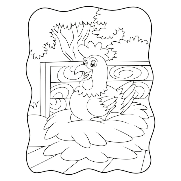 Cartoon illustrazione una gallina che sta incubando le sue uova che sono pronte a schiudersi nel suo libro gabbia o pagina per bambini in bianco e nero