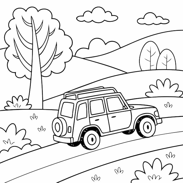 Cartoon Jeep on road pagine di libri da colorare per bambini