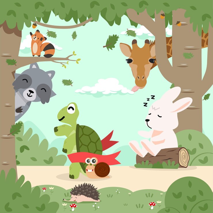 Cartoon la lepre e la tartaruga corrono nella foresta