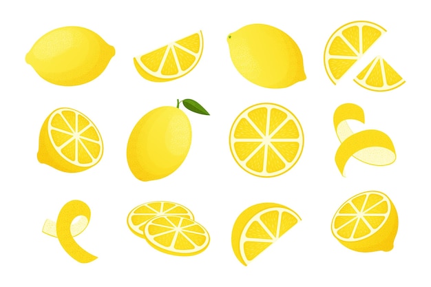 Cartoon lemon Pezzo di buccia di agrumi giallo e logo a fetta e limoni tritati Set di ingredienti per limonata vettoriale