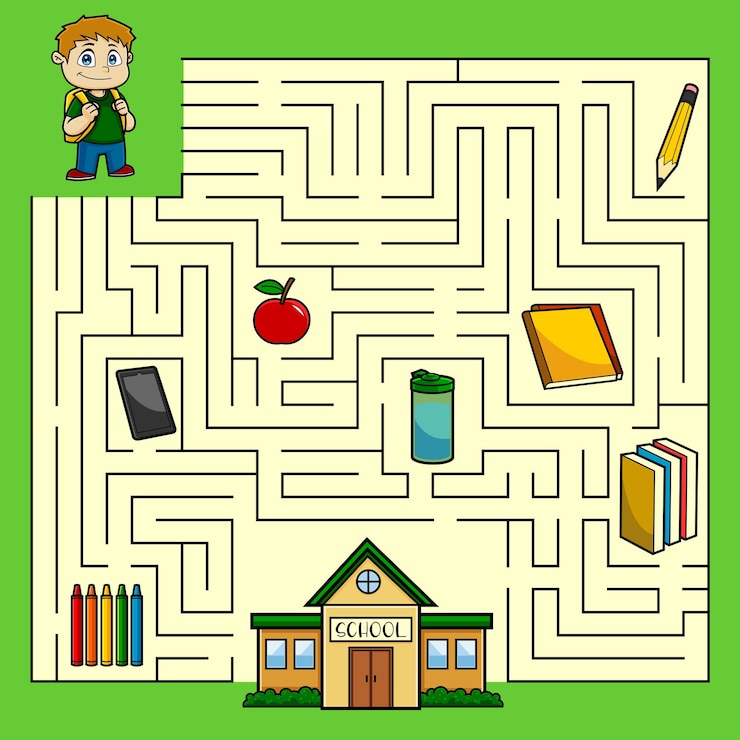 Vettore cartoon maze gioco educazione per bambini aiuta lo studente a raggiungere la scuola. illustrazione disegnata a mano di vettore