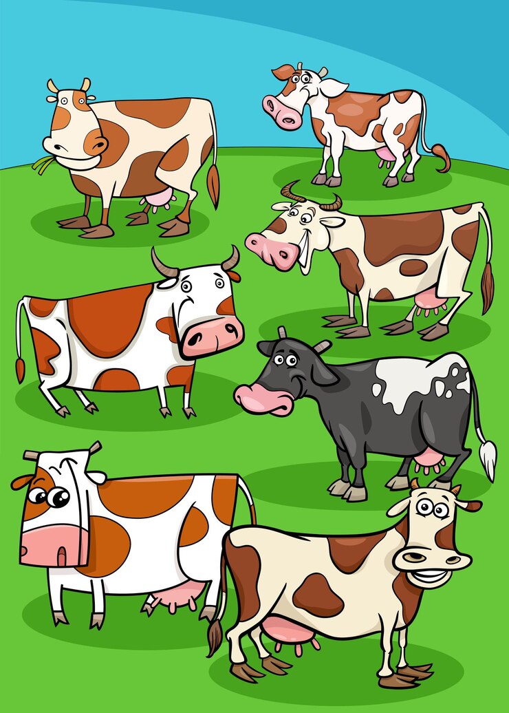 Vettore cartoon mucche animali da fattoria nel prato