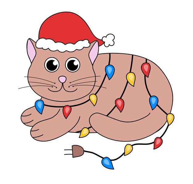 Cartoon Natale e Capodanno Personaggio gatto carino Gattino con ghirlanda Illustrazione piana vettoriale