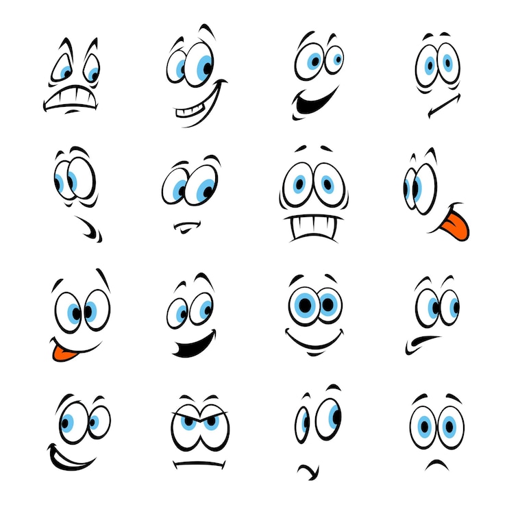 Vettore cartoon occhi umani felici, sorridenti, arrabbiati, spaventati, scioccati. vector emoji di risate, tristezza paura sorpresa