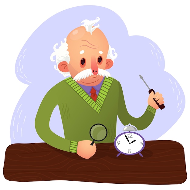 Cartoon orologio vettoriale illustrazione vecchia artigianato persona che guarda orologi rotti e orologi facendo