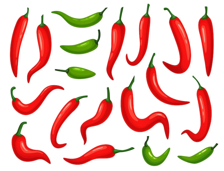 Vettore cartoon peperoncino rosso e peperoni jalapeno verdi verdure speziate per set vettore salsa piccante messicana