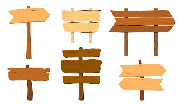 Cartoon puntatori in legno Puntatore in legno stick frecce segno Ui game board tavola stradale o cartello di direzione Pannello vuoto isolato vettore recente set