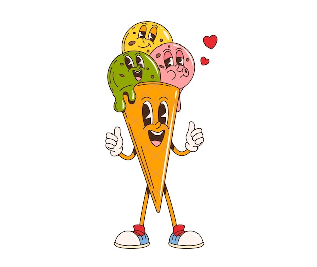 Cartoon retro groovy personaggio del gelato