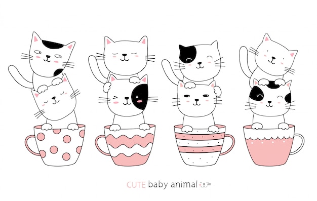 Cartoon schizzo il simpatico gatto baby animal con una tazza. Stile disegnato a mano.