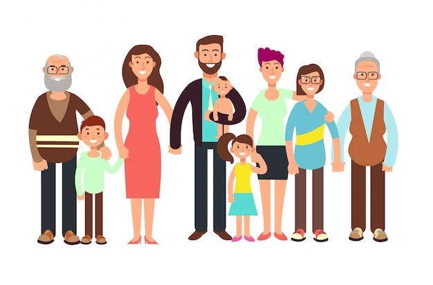 Cartoon sorridente famiglia felice. Nonno e nonna, dady, mamma e bambini illustrazione vettoriale