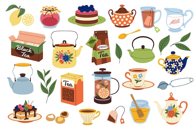 Cartoon tea time Cute dessert cibo e bevande calde oggetti accoglienti festa a casa elementi disegnati a mano tazze e tazze con bevande torte e torte miele e marmellata bollitori e teiera set vettoriale ordinato