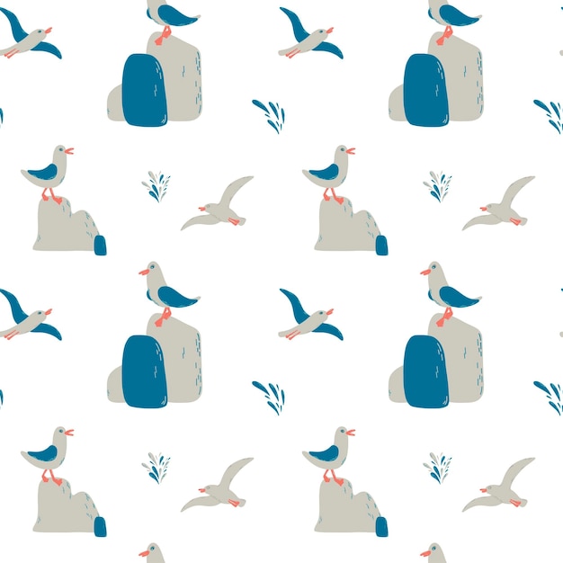 Cartoon uccelli marini atlantici Le pietre dei gabbiani schizzano in uno stile piatto vettoriale Motivo marino senza cuciture