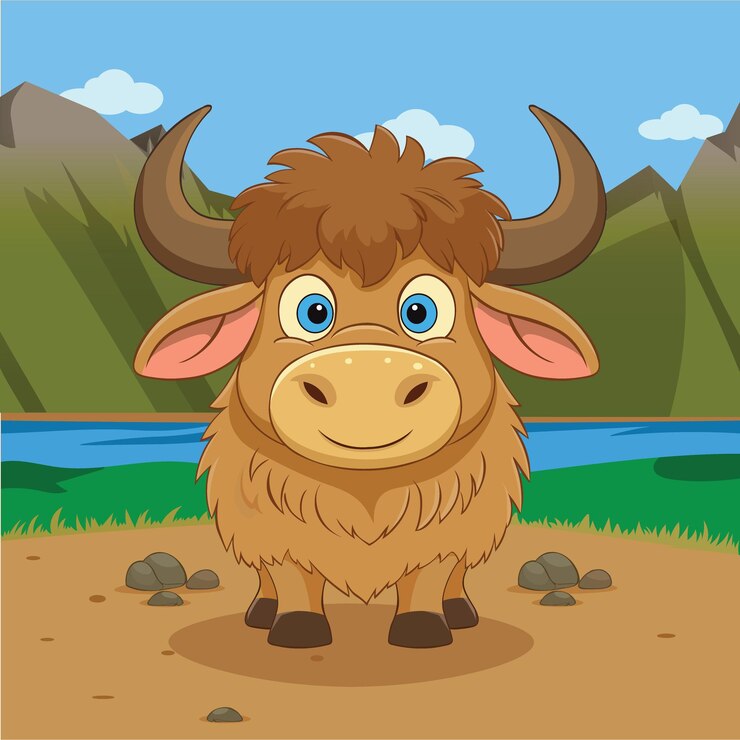 Cartoon Yak Un carino e sorridente animale peloso marrone