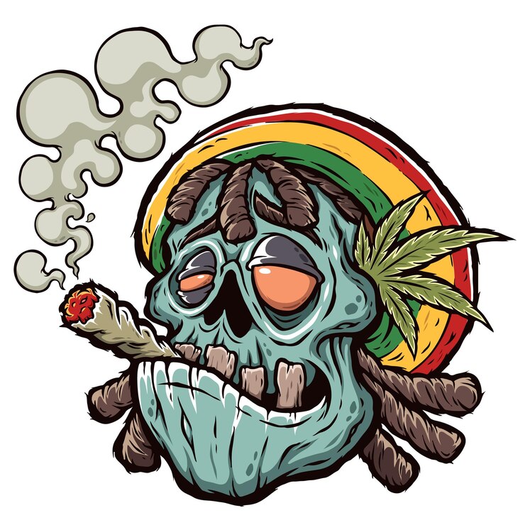 Cartoon Zombie fuma una sigaretta con marijuana rastaman Foglie di cannabis stampate per magliette