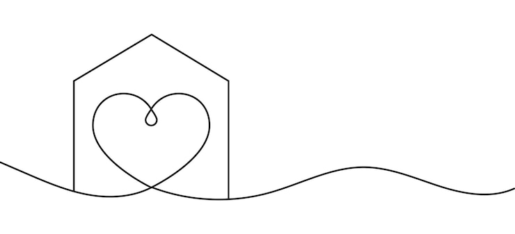 Vettore casa con l'illustrazione di vettore del disegno di arte di linea del cuore