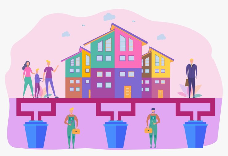 Vettore casa con sistema fognario l'idraulico ripara le fognature fognature domestiche il concetto di tecnologia dei sistemi fognari illustrazione vettoriale colorata