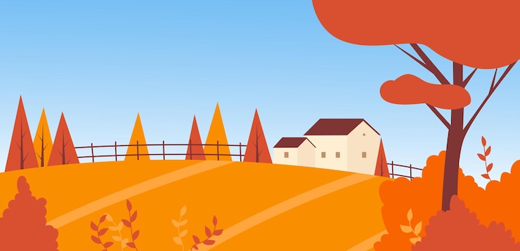 Vettore casa da campo agricola d'autunno con giardino e recinzione nel paesaggio rurale del villaggio