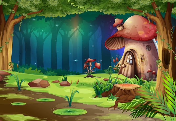 Vettore casa dei funghi nella foresta oscura