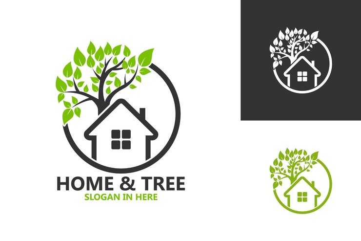 Casa e albero natura logo modello disegno vettoriale, emblema, concetto di design, simbolo creativo, icona