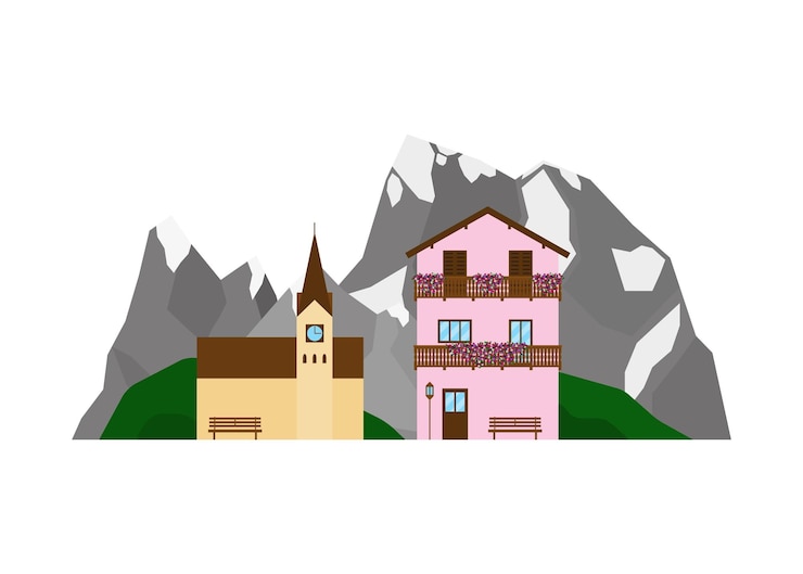 Vettore casa e chiesa sul paesaggio di montagna