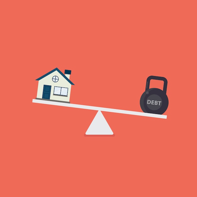 Casa e kettlebell con parola di debito su scale