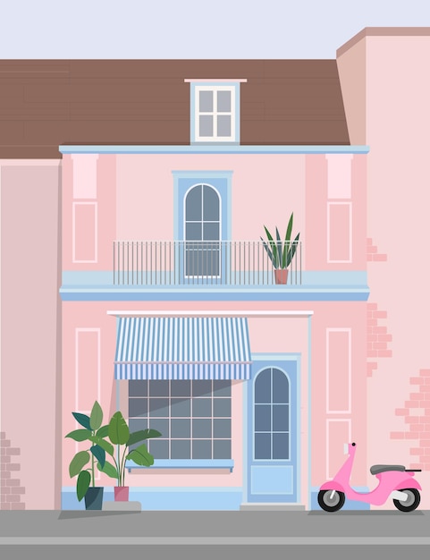 Casa vittoriana colorata con finestre verticali e vetrina Vector illustrazione piatta